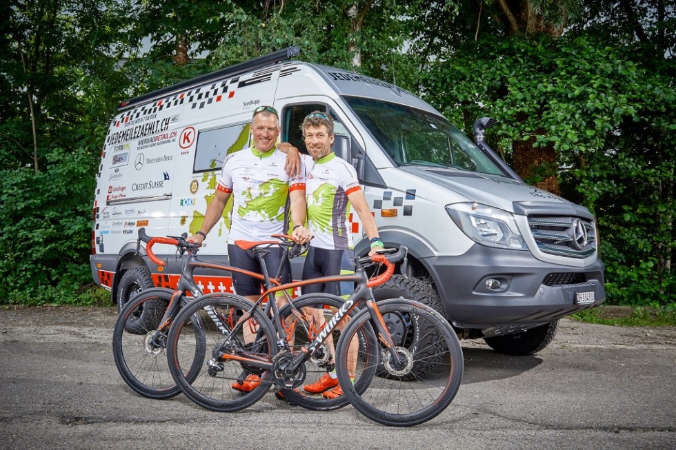 Bikers ride their Specialized S-Works nearly 5,000 miles across Europe for disadvantaged children. Part of the tour a, Mercedes-Benz Sprinter as support vehicle