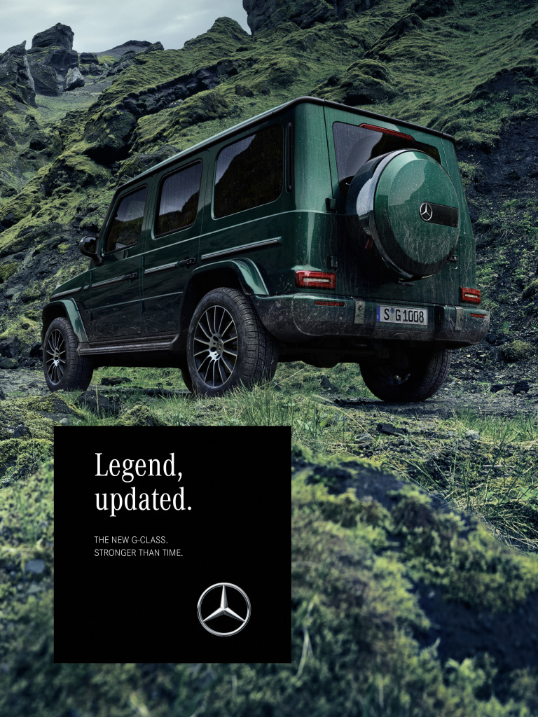 In classic print media, the G-Class will appear with impressive picturesfrom 15 January 2018 . Here is an ad motif from the "Green Lava" world.