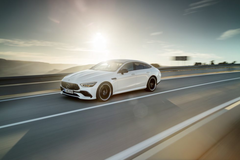 Mercedes-AMG GT 53 4MATIC+ 4-Door Coupé, AMG Night-packet, Exterior: Exterior paint: designo diamond white bright, colour variation black;Fuel consumption combined: 9.1 l/100 km; CO2 emissions combined: 209g/km* (provisional data)