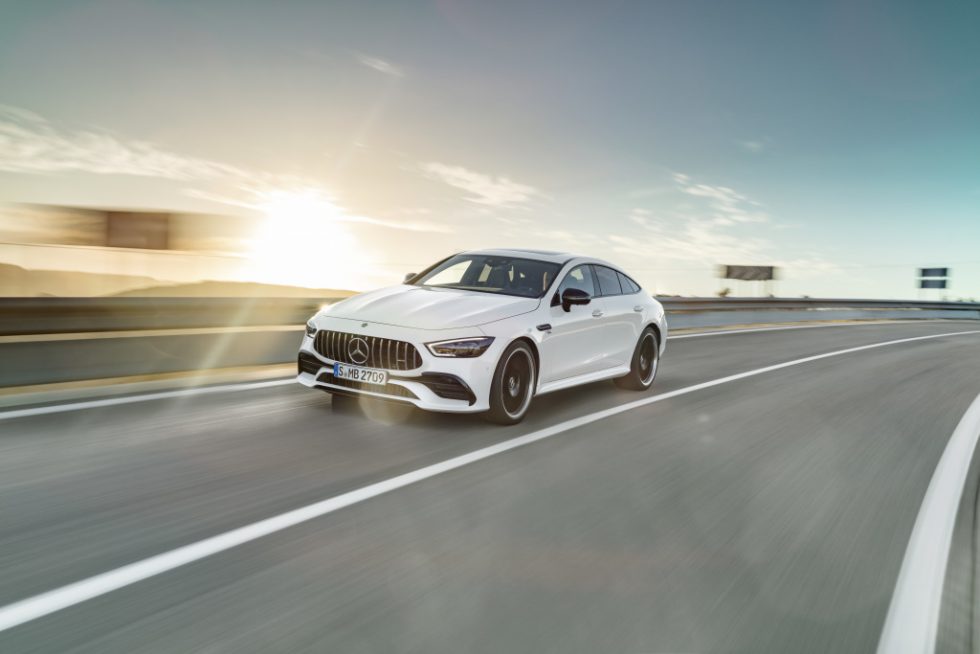 Mercedes-AMG GT 53 4MATIC+ 4-Door Coupé, AMG Night-packet, Exterior: Exterior paint: designo diamond white bright, colour variation black;Fuel consumption combined: 9.1 l/100 km; CO2 emissions combined: 209g/km* (provisional data)