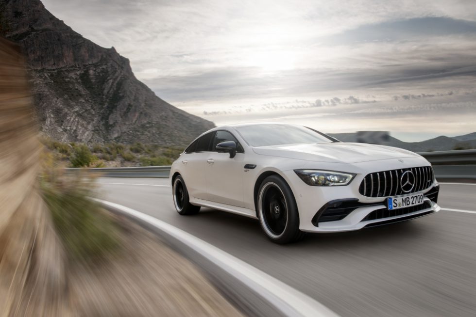 Mercedes-AMG GT 53 4MATIC+ 4-Door Coupé, AMG Night-packet, Exterior: Exterior paint: designo diamond white bright, colour variation black;Fuel consumption combined: 9.1 l/100 km; CO2 emissions combined: 209g/km* (provisional data)