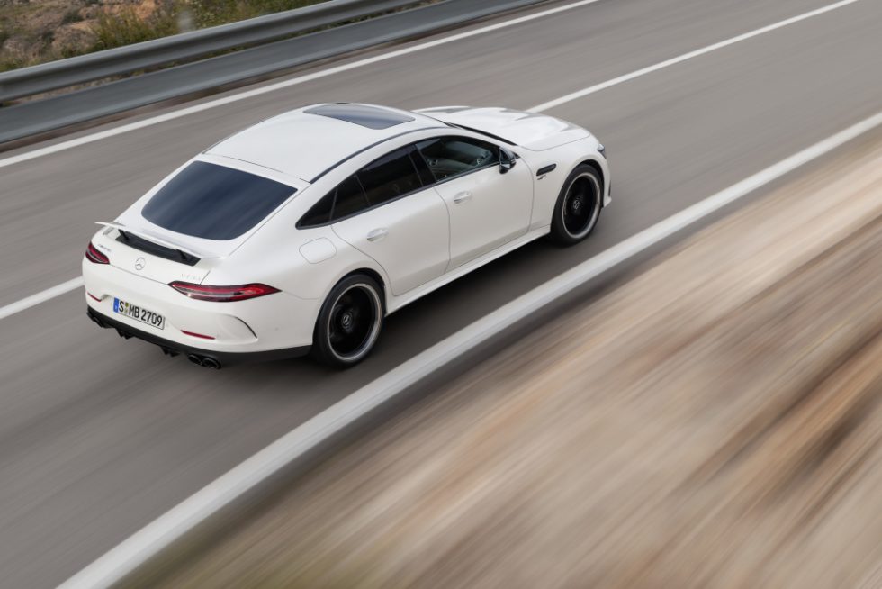 Mercedes-AMG GT 53 4MATIC+ 4-Door Coupé, AMG Night-packet, Exterior: Exterior paint: designo diamond white bright, colour variation black;Fuel consumption combined: 9.1 l/100 km; CO2 emissions combined: 209g/km* (provisional data)