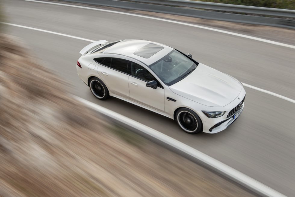 Mercedes-AMG GT 53 4MATIC+ 4-Door Coupé, AMG Night-packet, Exterior: Exterior paint: designo diamond white bright, colour variation black;Fuel consumption combined: 9.1 l/100 km; CO2 emissions combined: 209g/km* (provisional data)