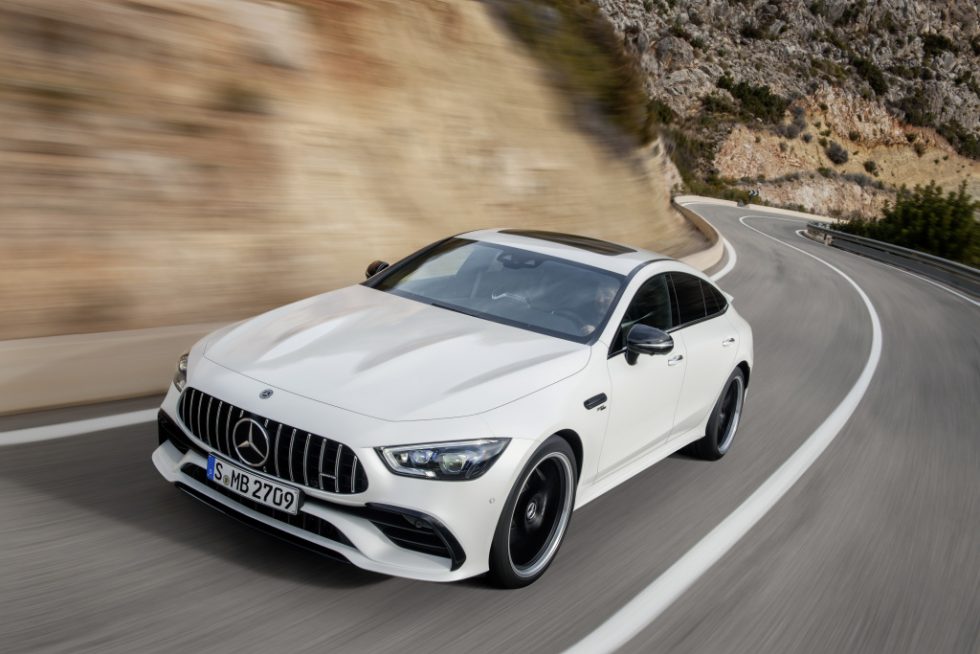 Mercedes-AMG GT 53 4MATIC+ 4-Door Coupé, AMG Night-packet, Exterior: Exterior paint: designo diamond white bright, colour variation black;Fuel consumption combined: 9.1 l/100 km; CO2 emissions combined: 209g/km* (provisional data)