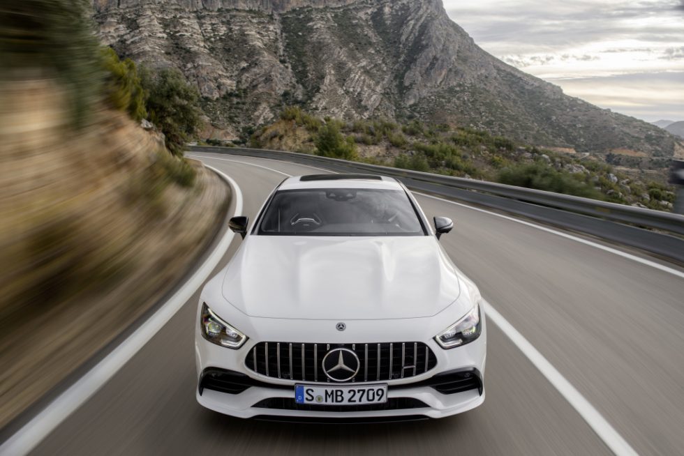 Mercedes-AMG GT 53 4MATIC+ 4-Door Coupé, AMG Night-packet, Exterior: Exterior paint: designo diamond white bright, colour variation black;Fuel consumption combined: 9.1 l/100 km; CO2 emissions combined: 209g/km* (provisional data)