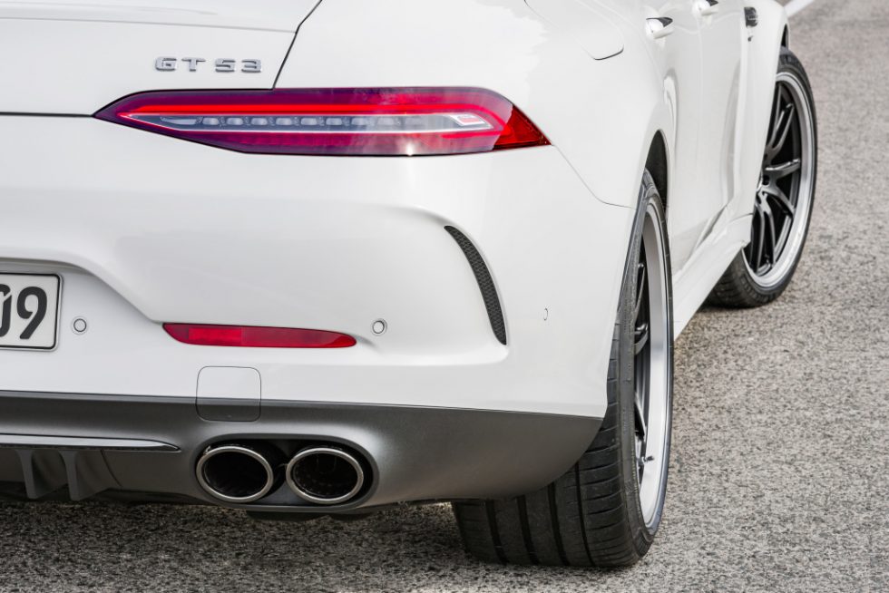 Mercedes-AMG GT 53 4MATIC+ 4-Door Coupé, AMG Night-packet, Exterior: Exterior paint: designo diamond white bright, colour variation black;Fuel consumption combined: 9.1 l/100 km; CO2 emissions combined: 209g/km* (provisional data)