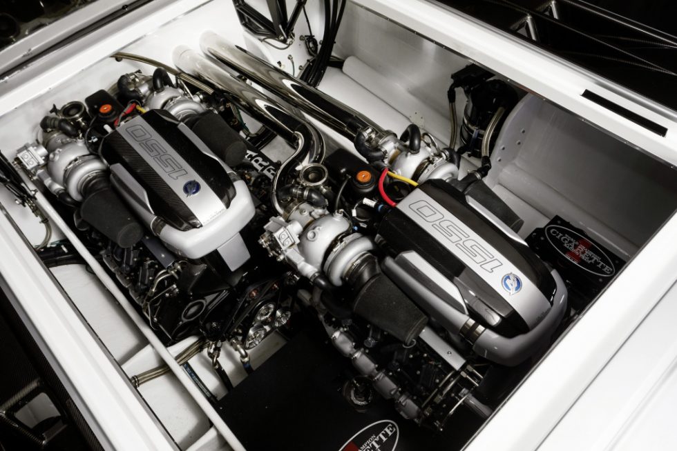 The Cigarette Racing Team 515 Project ONE is powered by a pair of Mercury Racing 1,350/1,550 QC4v (Quad Cam 4 Valve) engines and M8 stern drives, delivering up to 3,100 hp.