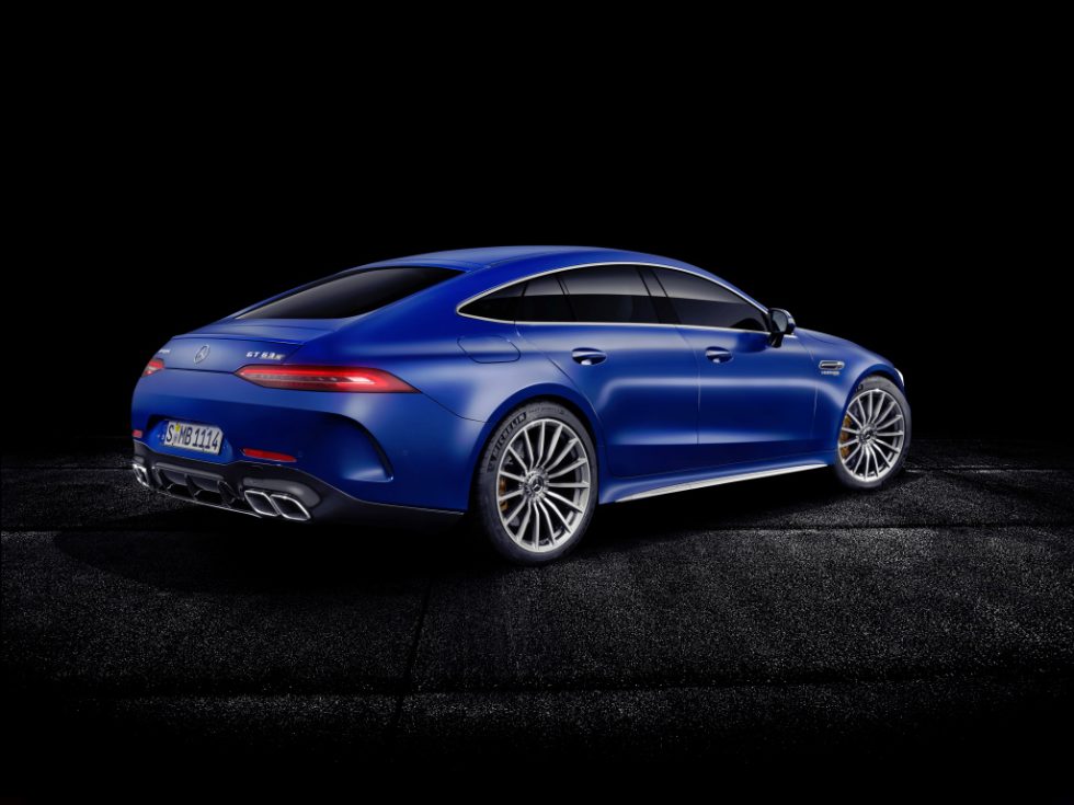 Mercedes-AMG GT 63 S 4MATIC+ 4-Door Coupé, AMG Silver-chrome packet, Exterior: Exterior paint: brilliant blue magno;Fuel consumption combined: 11.2 l/100 km; CO2 emissions combined: 256 g/km* (provisional data)