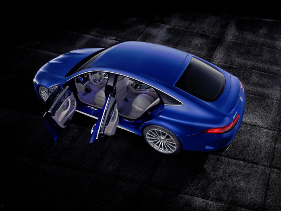Mercedes-AMG GT 63 S 4MATIC+ 4-Door Coupé, AMG Silver-chrome packet, Exterior: Exterior paint: brilliant blue magno;Fuel consumption combined: 11.2 l/100 km; CO2 emissions combined: 256 g/km* (provisional data)