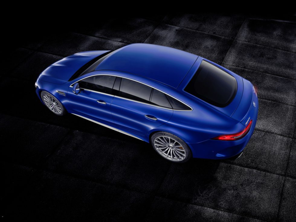 Mercedes-AMG GT 63 S 4MATIC+ 4-Door Coupé, AMG Silver-chrome packet, Exterior: Exterior paint: brilliant blue magno;Fuel consumption combined: 11.2 l/100 km; CO2 emissions combined: 256 g/km* (provisional data)
