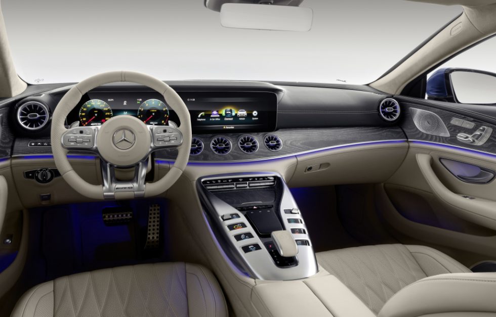 Mercedes-AMG GT 63 S 4MATIC+ 4-Door Coupé, AMG Silver-chrome packet, Interior: Leather exclusive STYLE magma grey /macchiato, Body trim: Wood ash open-pored metallised;Fuel consumption combined: 11.2 l/100 km; CO2 emissions combined: 256 g/km* (provisional data)