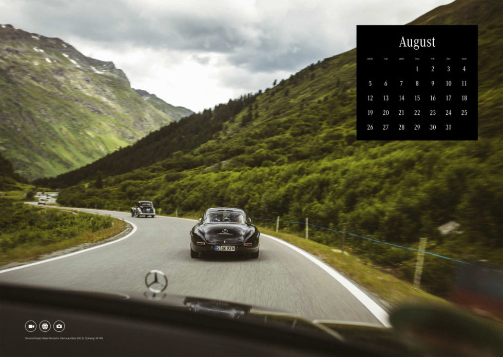 Mercedes-Benz Classic calendar 2019, subject of August: Mercedes-Benz 300 SL „Gullwing“ at the Silvretta Classic Rallye Montafon.