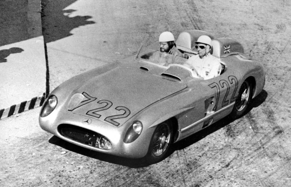 Mille Miglia 1955: Stirling Moss and Denis Jenkinson on the way to overall victory in a Mercedes-Benz 300 SLR racing sports car (W 196 S), with the best time ever achieved in the Mille Miglia, 1 May 1955.