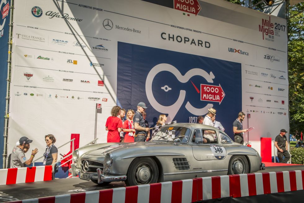 Mille Miglia 2017: Mercedes-Benz "Gullwing" Coupé (W 198) on the starting ramp, stage from Parma to Brescia, 21 May 2017.