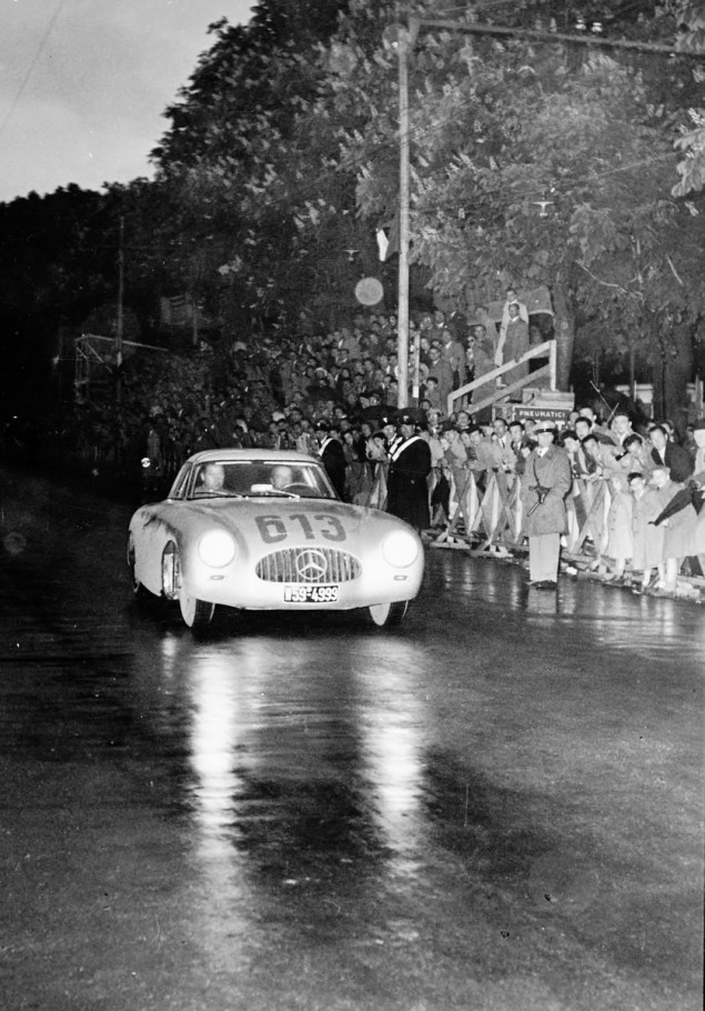 Driving team Rudolf Caracciola/Paul Kurrle Mille Miglia, 3 to 4 May 1952. Driving team Rudolf Caracciola/Paul Kurrle (No. 613) with Mercedes-Benz 300 SL racing sports car (W 194, 1952) takes fourth place