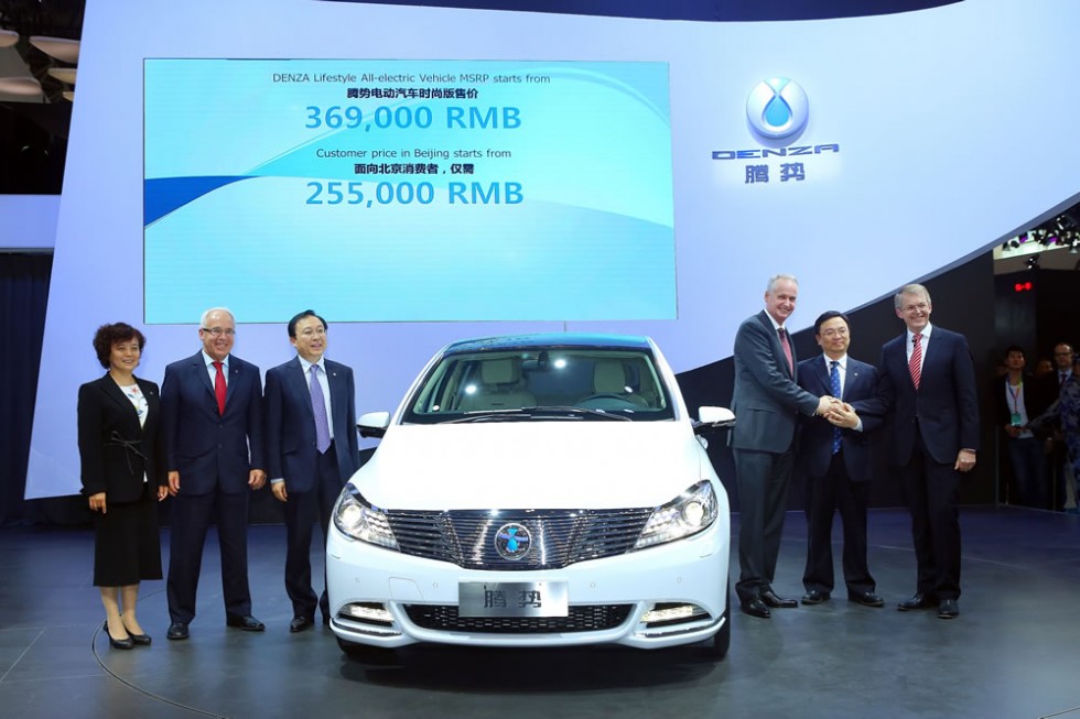 Daimler-BYD Joint Venture’s New All-Electric Vehicle DENZA unveiled at Auto China; from right: Prof. Thomas Weber, Member of the Board of Management of Daimler AG responsible for Research and Development, Wang Chuanfu, Chairman of BYD Co., Ltd., Hubertus Troska, Member of the Board of Management of Daimler AG with responsibility for China, Lian Yubo, CEO of Shenzhen BYD Daimler New Technology Co., Ltd., Arno Röhringer, COO of Shenzhen BYD Daimler New Technology Co., Ltd., Stella Li, Senior