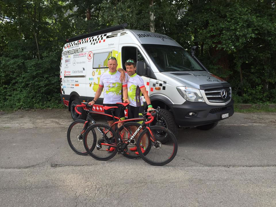 Bikers ride their Specialized S-Works nearly 5,000 miles across Europe for disadvantaged children. Part of the tour a, Mercedes-Benz Sprinter as support vehicle