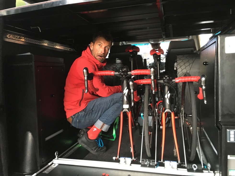 Bikers ride their Specialized S-Works nearly 5,000 miles across Europe for disadvantaged children. Part of the tour a, Mercedes-Benz Sprinter as support vehicle